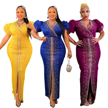 2023 Африканские платья для женщин, Летнее Элегантное Эластичное Длинное Облегающее платье с коротким рукавом и V-образным вырезом, Халат со стразами, Африканская одежда