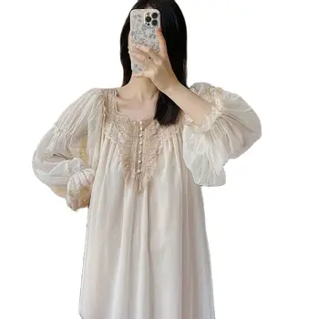 2023 Новая Французская эстетичная ночная рубашка на весну-лето, Кружевное платье Принцессы в стиле ретро, Пижама, Газовая Свободная ночная рубашка с длинными рукавами