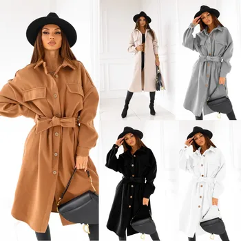 2023 Осенне-зимнее пальто из кружевной ткани с длинными рукавами и V-образным вырезом на пуговицах, женская одежда