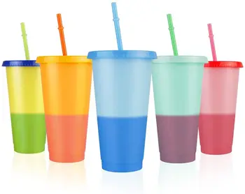 5 упаковок Волшебной Пластиковой чашки для изменения цвета холодной воды с соломинкой, Креативный Стакан Для изменения цвета, Многоразовая Цветная чашка