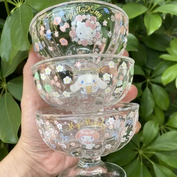 Kawaii Sanrio Hello Kitty Cinnamoroll My Melody Cup Аниме Стеклянная Чашка Для Десерта с Мороженым И Принтом, Водостойкая Термостойкая Чайная Чашка Для Девочек
