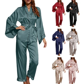 Q1FA Шелковые Атласные Пижамы для Женщин, Пижамные комплекты с длинным рукавом, Мягкие Пижамные Топы с Повседневными пижамными Длинными Штанами, Одежда для Отдыха M ~ XL