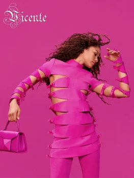 VC Woman Сексуальный Открытый Бант с Длинным рукавом, ярко-розовая одежда для вечеринок в ночном клубе, Коктейльное Бандажное мини-платье Vestidos