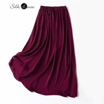 Вертикальная и гладкая Темпераментная Бордовая 22 мм Шелковая Эластичная Двойная Атласная юбка средней длины из шелка Тутового цвета с большими колебаниями для женщин
