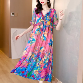 Весенне-летнее Платье Миди с V-образным вырезом из шелковицы с цветочным рисунком, Женское Элегантное Платье Размера Плюс со Свободной талией 2022, Корейское Винтажное Платье Vestido