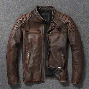 Винтажная Желто-коричневая куртка из натуральной воловьей кожи, Мужское мотоциклетное пальто, Мужская байкерская одежда, Весна-осень, Азиатский Размер 6XL