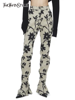 Женские брюки с принтом TWOTWINSTYLE, Хитовые брюки с высокой талией, Лоскутные Цветочные Повседневные Свободные Прямые Брюки, Женская модная одежда
