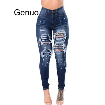 Женские модные Джинсы с высокой талией, рваные Джинсы с дырками, Облегающие Джинсы, Тонкие эластичные облегающие рваные джинсы Demin 3XL