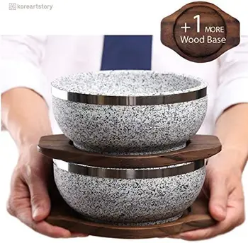 Каменные чаши на 32 унции (набор из 2 + деревянная основа, еще 1 + рецепт Бибимбапа) Для приготовления корейского супа и других блюд