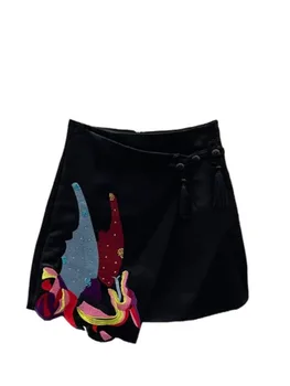 Китайская модная юбка с нерегулярной высокой талией контрастного цвета с вышивкой бисером для женщин