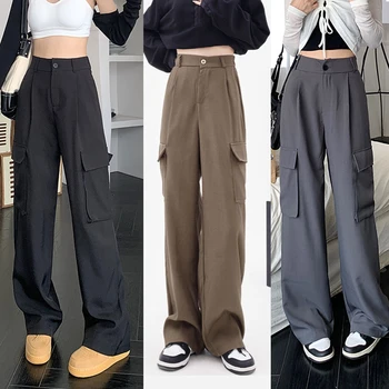 Корейские модные брюки-карго, винтажные брюки для женщин, повседневные широкие брюки с карманами на высокой талии, квадратные брюки, женские брюки