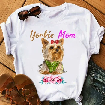 Летняя Футболка Kawaii Yorkie Mom с графическим принтом, Женская футболка С Цветами Для Любителей Собак, Женская рубашка в стиле Харадзюку, Модная футболка, Женские Топы