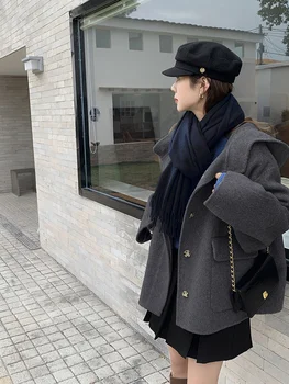 Милое короткое, сшитое вручную двустороннее флисовое пальто с капюшоном, Женское шерстяное пальто в стиле колледжа, снижающее возраст, Темперамент, шерстяное пальто