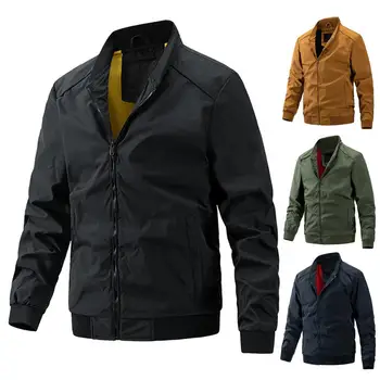 Мужская куртка Со стоячим воротником, Длинный рукав, Деловая куртка, Боковые карманы, застежка-молния, однотонная Повседневная рабочая куртка, пальто