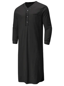 Мужская ночная рубашка Henley с длинным рукавом и V-образным вырезом и карманом - удобная пижама для отдыха