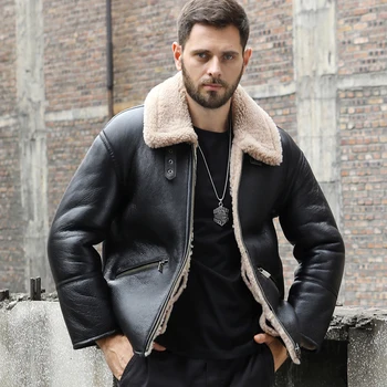 Новая Мужская куртка из овчины, Черная Кожаная куртка, Короткая Мотоциклетная куртка, Утепленное Меховое пальто, Мужское Повседневное пальто