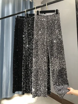 Новые женские модные сверкающие золотые брюки с высокой талией, широкие брюки в женском южнокорейском стиле 2023
