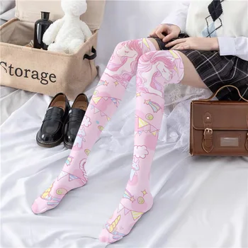 Новые женские чулки с принтом единорога, модные Сексуальные высокие чулки выше колена для милых девушек, розовые нейлоновые шелковые длинные носки с героями Мультфильмов