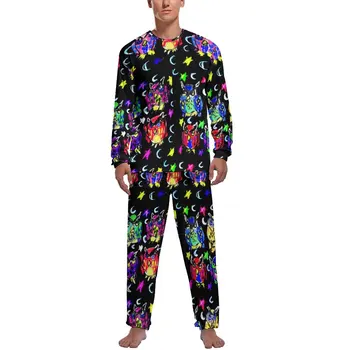 Пижама с принтом Совы, Осенние звезды и Луна, Мужская пижама с длинными рукавами, Комплект из двух предметов, Весенний дизайн, Пижамный комплект, идея подарка