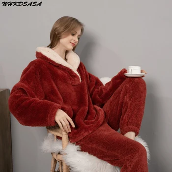 Пижамные комплекты, женский однотонный зимний женский пушистый пижамный костюм со штанами, плотная теплая домашняя одежда из флиса для женщин