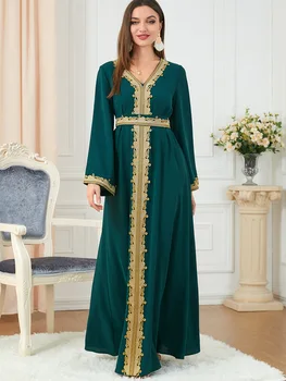 Платья для мусульманских женщин С кружевной вышивкой, V-образным вырезом, длинным рукавом, вечернее платье Макси с поясом, Элегантный марокканский кафтан, турецкая одежда