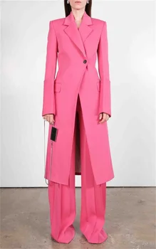 Розовые Длинные женские костюмы, сшитые на заказ, Комплект официальных деловых костюмов из 2 предметов, Макси-куртка, блейзер, весенняя вечеринка (пальто + брюки) Настроить
