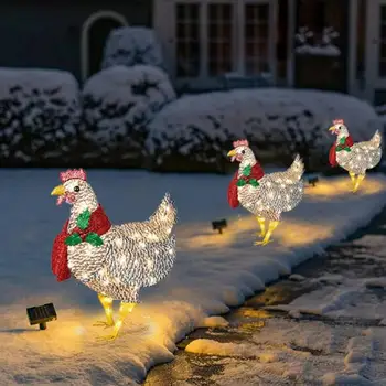 Светящиеся рождественские украшения из курицы с шарфом, Металлические светящиеся украшения из курицы для сада, патио, лужайки