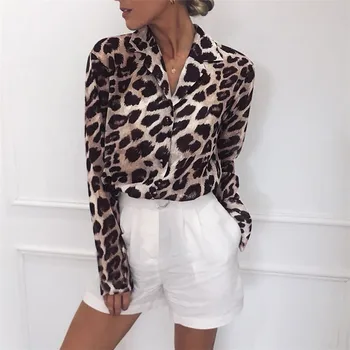 Сексуальная блузка с леопардовым принтом и V-образным вырезом, шифоновая блузка с длинным рукавом, женская офисная рубашка, повседневные Свободные блузки kz650