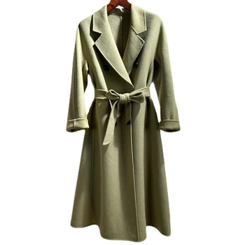Темпераментное двубортное двустороннее кашемировое пальто цвета авокадо зеленого цвета, женское длинное кружевное шерстяное пальто с лацканами А-типа высокого класса