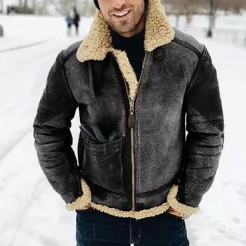 Хорошая зимняя теплая мужская куртка, пальто, Мужская куртка из искусственной кожи, Зимняя теплая меховая куртка, Утепленный лацкан контрастного цвета