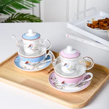 Художественные подарки, Набор керамических чайников, Креативный чайник с цветком Робин, Термостойкий стеклянный Чайный набор с чайной чашкой и блюдцем