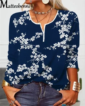 Элегантная женская футболка с цветочным принтом, винтажный этнический стиль, повседневные свободные футболки с круглым вырезом и пуговицами, повседневные топы с длинным рукавом, женские