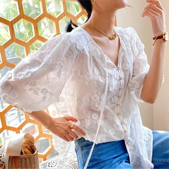 Элегантная шикарная трехмерная блузка с вышивкой в стиле ретро 2023, Весенне-летняя женская повседневная женская рубашка на шнуровке с пышными рукавами
